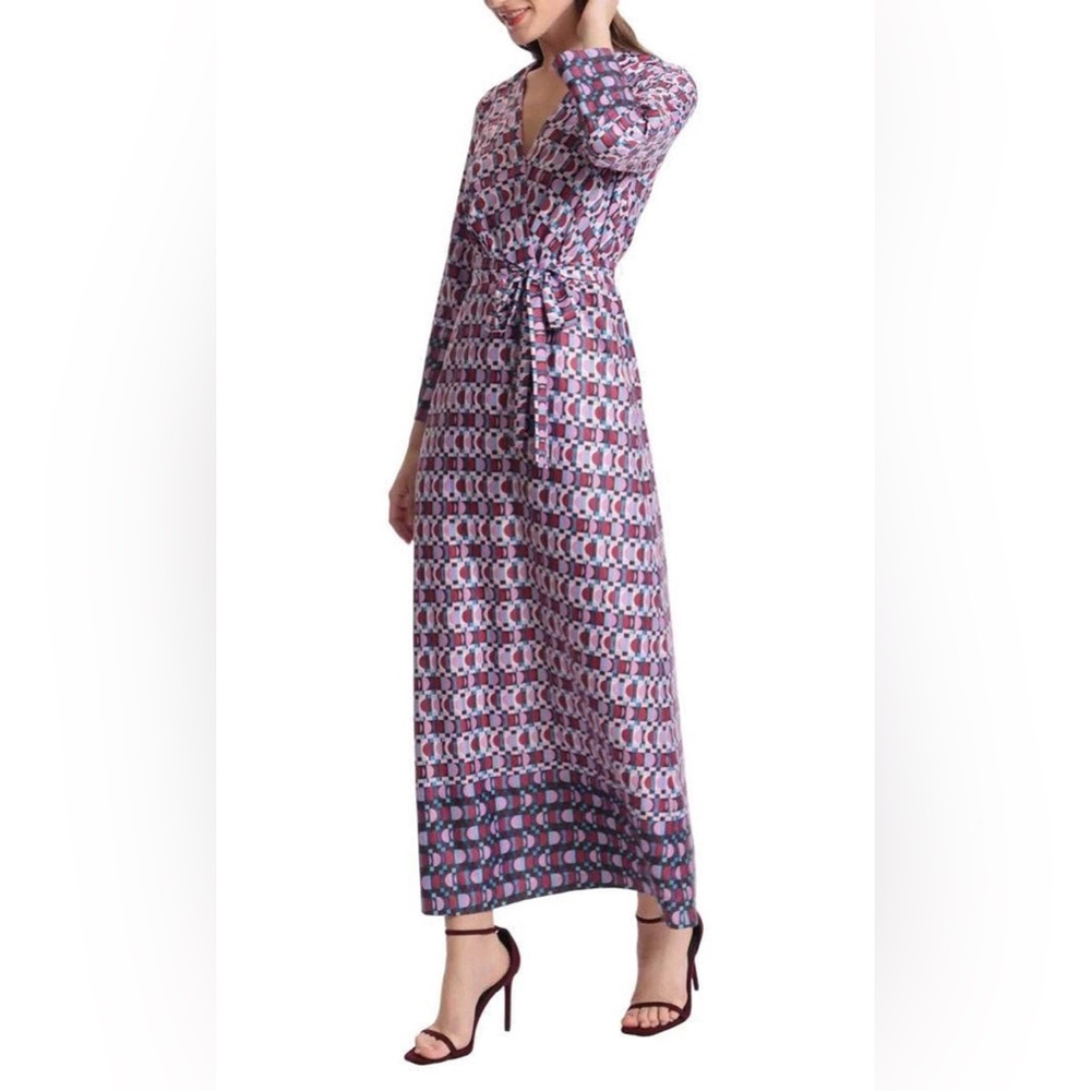 Donna Morgan Caelen Geo Wrap Tie Waist Long Sleeve Maxi Dress Purple Boho 4 - Picture 2 of 10